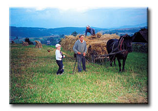 Farmers, children, hay wagon