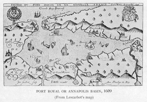 Champlain's map of 1609 showing the river's French name of Rivière du Dauphin.: Port Royal, Nova Scotia - circa 1609 - Project Gutenberg etext 20110. Image courtesy of Wikipedia.