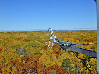 A sonic aerometer for monitoring gas exchange between the forest and the atmosphere.: Photograph by Chris Vogel