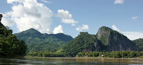 View of the Mekong River at Luang Prabang in Laos. (late August 2009). From the Tibetan Plateau this river runs through: China's Yunnan province, Burma (Myanmar), Laos, Thailand, Cambodia and Vietnam. Photograph by Allie Caulfield. Text courtesy of Wikipedia