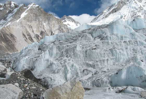 The icefall of Khumbu glacier, in the Nepali Himalayas…: It is …considered one of the most dangerous spots on the South Col route to Mt. Everest’s summit. Credit: NASA/GSFC/Kimberly Casey.