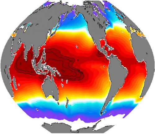 An enormous mass of water in the Western tropical Pacific, the "warm pool," is shown in orange-red.: Photograph by IRD, France courtesy of NSF.